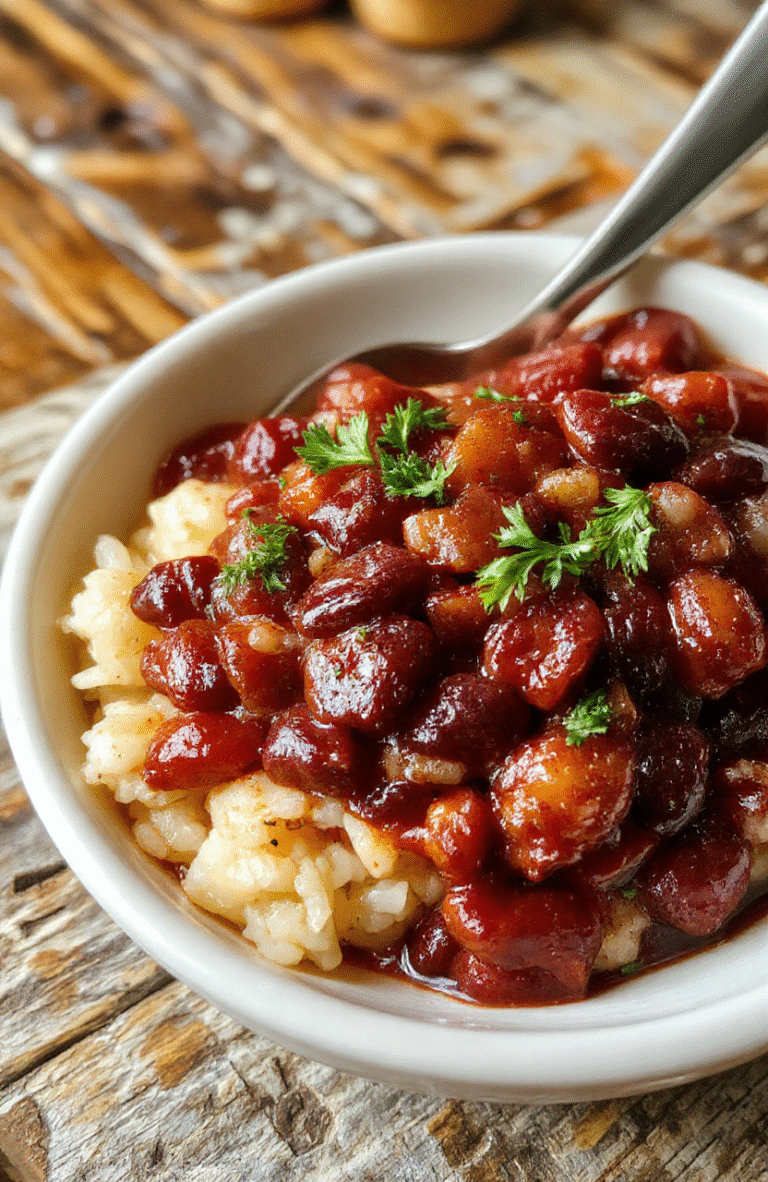 A vibrant bowl of Louisiana red beans and rice featuring tender red beans, fluffy white rice, and slices of smoky Andouille sausage, garnished with chopped green onions, served on a rustic wooden table with colorful Cajun spices sprinkled around. The dish looks hearty, flavorful, and inviting, styled in a casual, homey setting with natural light highlighting the textures and rich colors.
