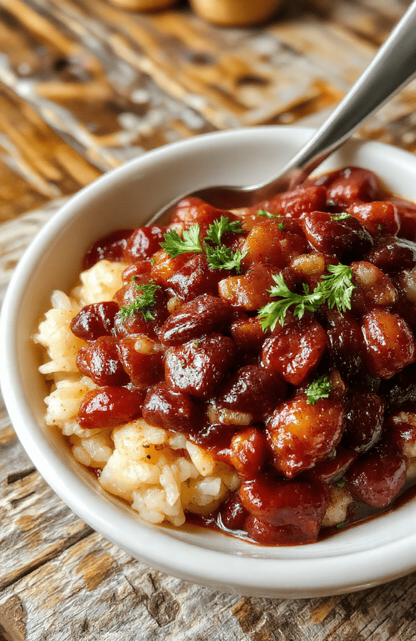 A vibrant bowl of Louisiana red beans and rice featuring tender red beans, fluffy white rice, and slices of smoky Andouille sausage, garnished with chopped green onions, served on a rustic wooden table with colorful Cajun spices sprinkled around. The dish looks hearty, flavorful, and inviting, styled in a casual, homey setting with natural light highlighting the textures and rich colors.