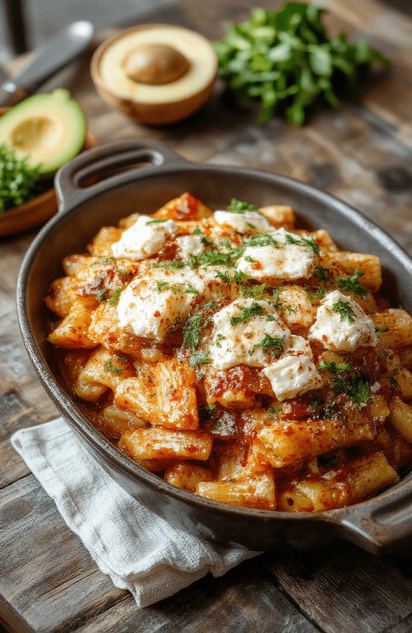 Colorful baked feta veggie pasta on a white plate with cherry tomatoes, spinach, and melted feta cheese, garnished with fresh herbs, styled on a rustic wooden table with natural lighting.