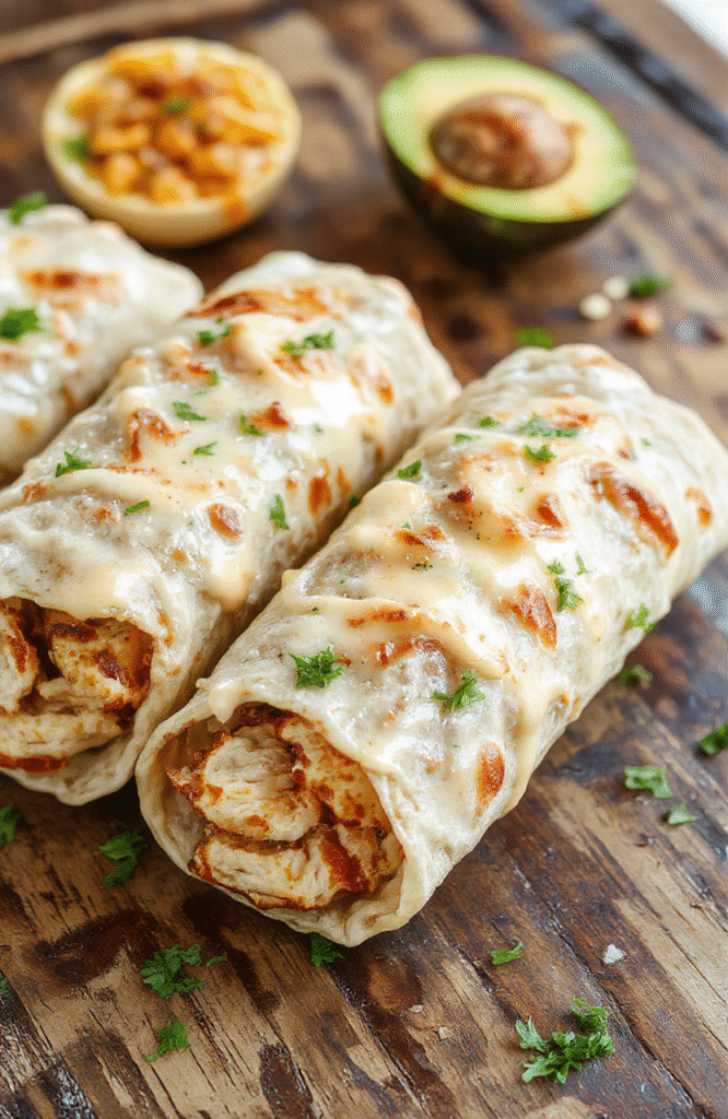 A vibrant plate featuring golden-brown chicken wraps generously filled with melted cheese, chopped garlic, and fresh herbs, sliced to reveal gooey cheese and tender chicken, arranged on a rustic wooden platter with a side of fresh greens and a drizzle of creamy sauce, styled with a casual, inviting vibe.