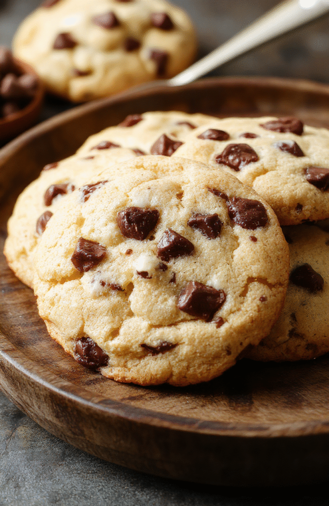 A close-up of freshly baked chewy and soft chocolate chip cookies arranged on a rustic wooden plate, showcasing golden edges, melty chocolate chips, and a slightly cracked surface with a chewy texture, styled with a background of baking ingredients and a cozy kitchen setting.