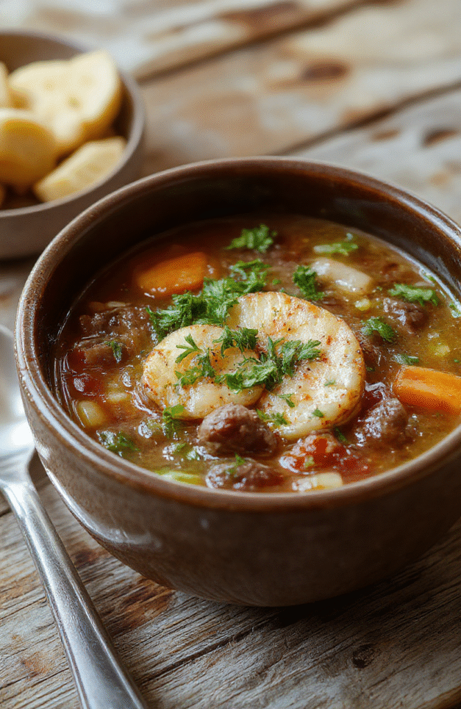 A colorful bowl of hearty vegetable beef soup featuring tender chunks of beef, vibrant carrots, celery, potatoes, and green beans in a rich broth, garnished with fresh herbs, styled on a rustic wooden table with natural daylight.
