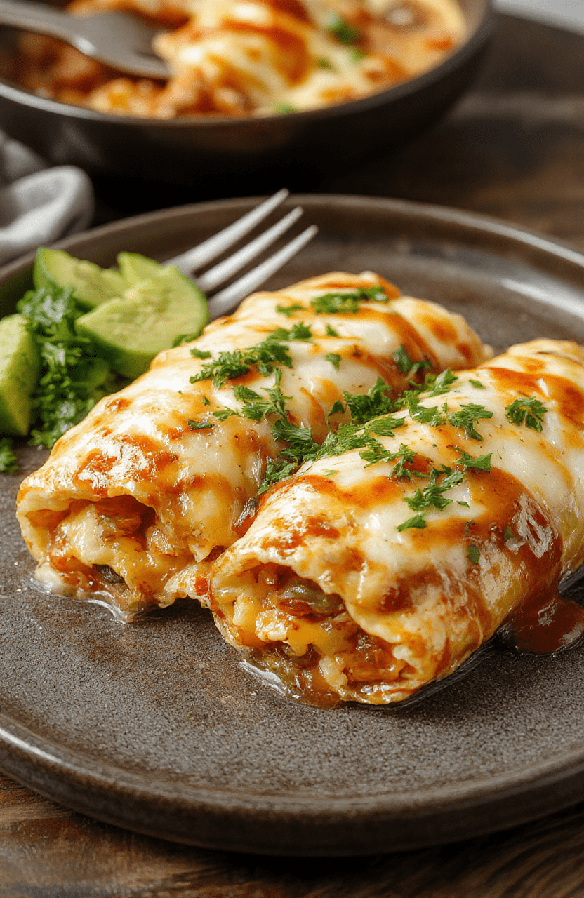 Colorful breakfast enchiladas arranged on a rustic ceramic plate, topped with melted cheese, vibrant red and green sauce drizzled over a golden-brown tortilla, garnished with chopped cilantro, set on a wooden table, with fresh ingredients faintly visible in the background.