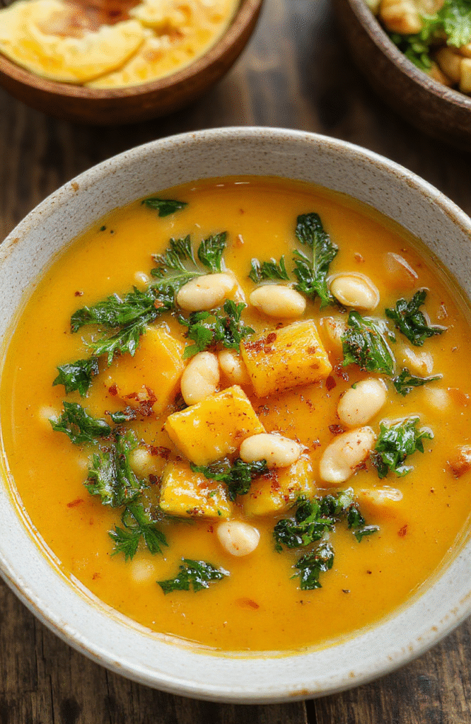 Vibrant orange butternut squash soup in a rustic bowl, garnished with fresh green kale leaves and white beans, styled on a wooden table with a warm, inviting atmosphere, natural daylight highlighting the textures and colors.