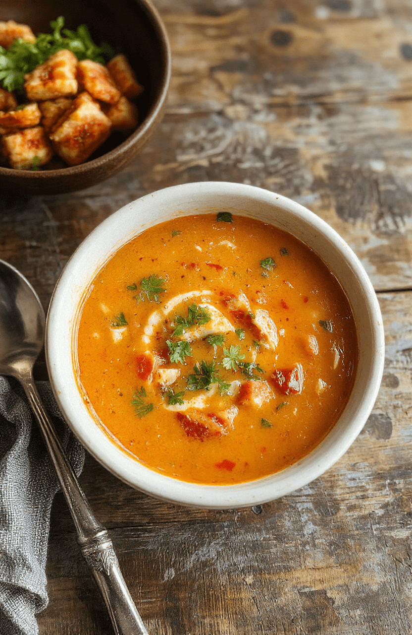 A vibrant bowl of Thai red curry noodle soup featuring a rich red-colored broth, topped with fresh herbs and slices of tender chicken, with rice noodles visible underneath, garnished with chopped green onions and red chili slices, styled on a rustic wooden table with a cozy, inviting atmosphere.