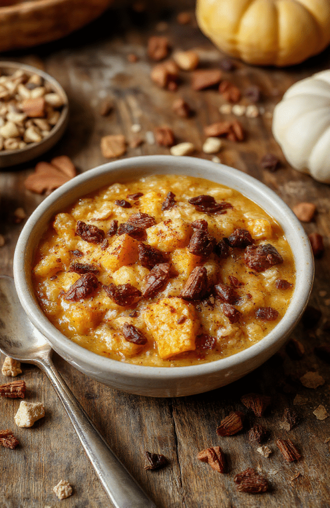 A warm bowl of pumpkin baked oatmeal topped with toasted pecans and a dollop of whipped cream sits on a rustic wooden table, surrounded by cinnamon sticks and fresh pumpkin pieces, with autumn leaves in the background. The oatmeal has a golden crust with a moist, fluffy interior, inviting and seasonal in presentation.