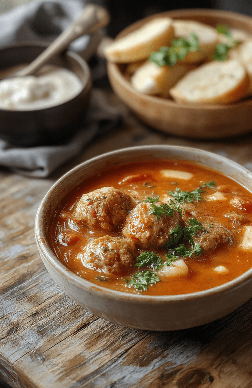 A vibrant bowl of Italian meatball soup featuring golden-brown meatballs, fresh herbs, and melted cheese on top, with a rich tomato broth and chopped vegetables, styled simply on a rustic wooden surface with a background of fresh ingredients.