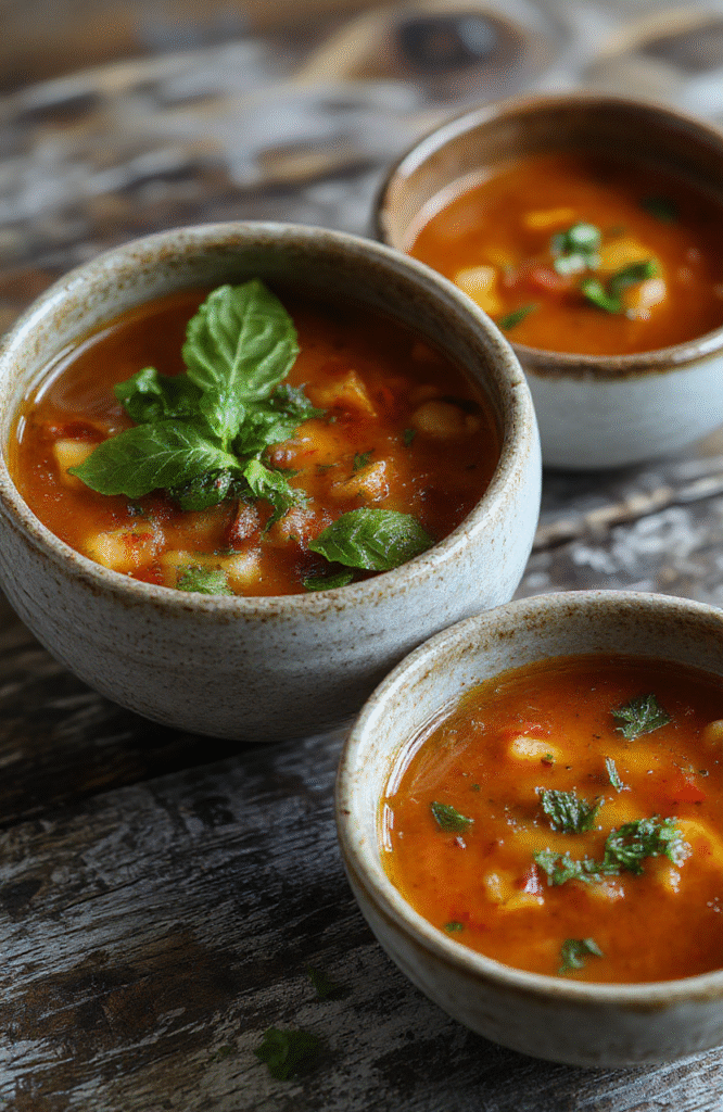 A vibrant bowl of roasted tomato basil soup with fresh basil leaves, drizzled with olive oil, served in a rustic white bowl on a wooden table with a sprig of basil for garnish, steam gently rising, textured crusty bread in the background, styled simply to highlight the rich red color and fresh ingredients.