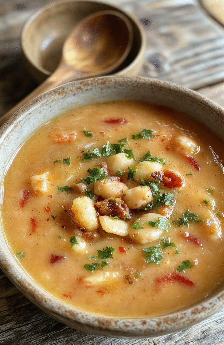 A vibrant bowl of Tuscan white bean soup garnished with fresh herbs, served with crusty bread on a rustic wooden table, showcasing creamy textures and colorful ingredients