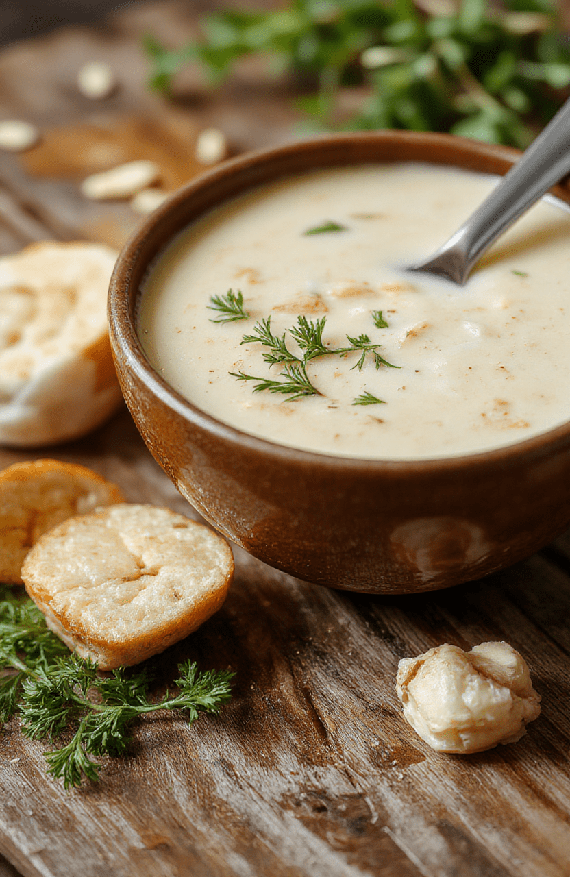 A creamy, pale yellow French garlic soup served in a rustic white bowl, garnished with fresh chopped parsley and a drizzle of olive oil, set on a wooden table with a piece of crusty bread on the side, styled casually with soft natural lighting highlighting the rich texture and inviting presentation.