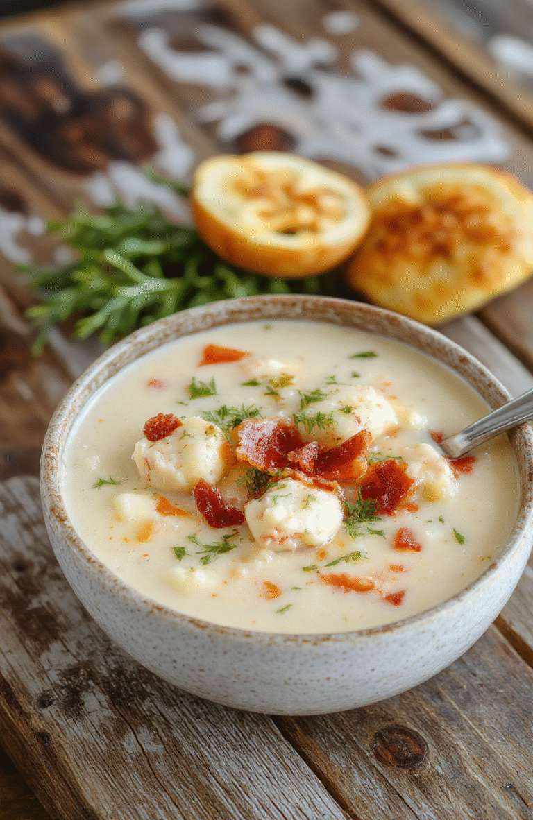 A bowl of creamy chicken bacon gnocchi soup featuring golden gnocchi, crispy bacon bits, tender chicken pieces, and fresh herbs on a neutral-colored plate, set against a rustic wooden table with a spoon resting beside the bowl, warm lighting enhances the rich textures and inviting colors.