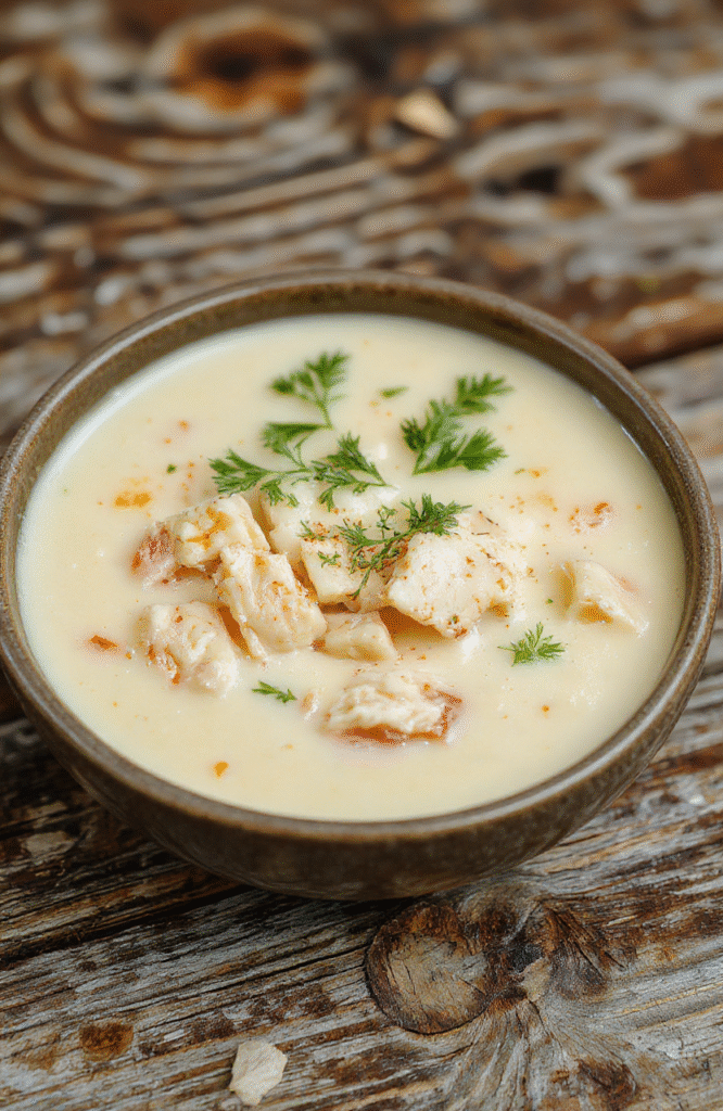 A vibrant bowl of creamy chicken pasta soup garnished with fresh herbs, showcasing tender pasta, chunks of chicken, and a rich, velvety broth with colorful vegetables, styled on a rustic wooden table with a cozy, inviting atmosphere.