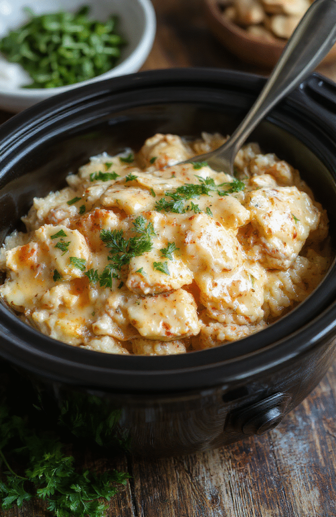 A comforting bowl of creamy chicken and rice featuring tender shredded chicken, fluffy rice, and a rich, velvety sauce garnished with herbs, presented on a rustic white plate with a fresh sprig of parsley, surrounded by a cozy kitchen setting, warm lighting, and a textured wooden surface.