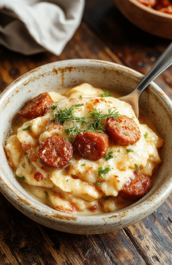 Colorful creamy Italian sausage orzo served in a white bowl, garnished with fresh herbs, showcasing tender orzo, browned sausage, and melting cheese, styled simply on a rustic wooden surface with vibrant ingredients around.