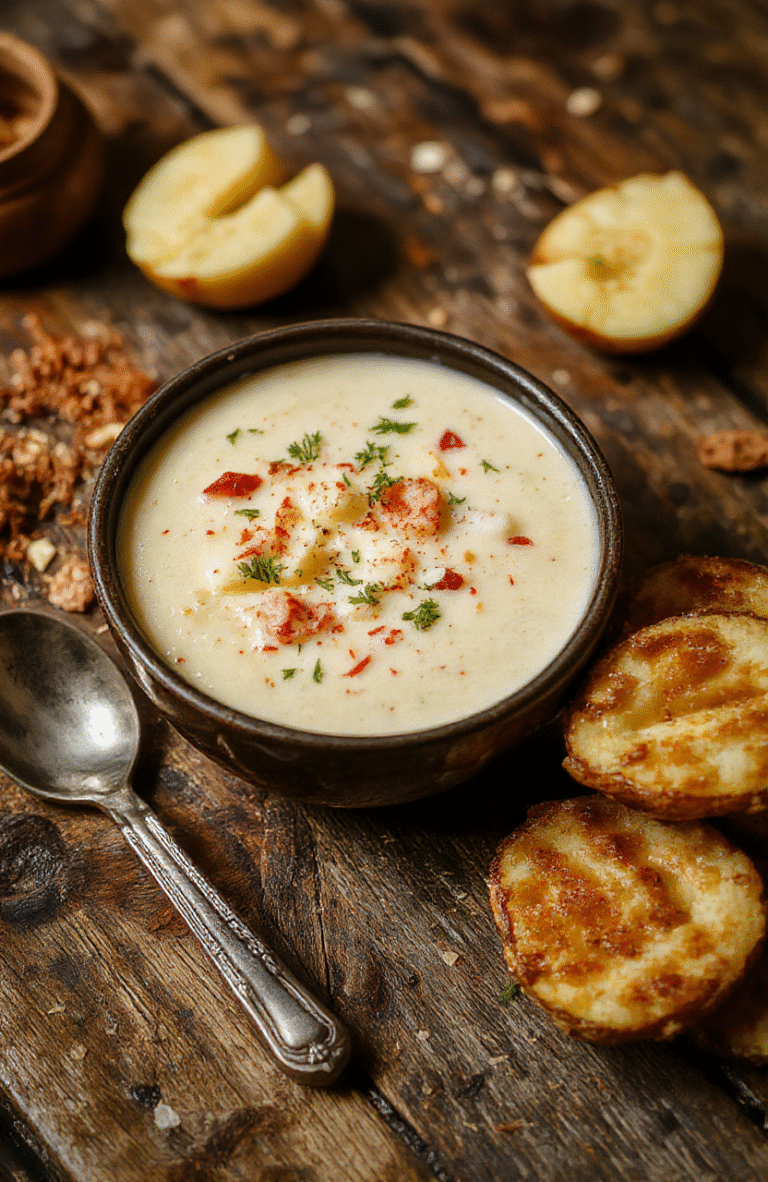 A vibrant bowl of creamy potato soup topped with fresh herbs and a swirl of cream, served on a rustic wooden table with a spoon nestled beside it, capturing textures of smooth soup and crispy toppings, styled in a warm, inviting setting.