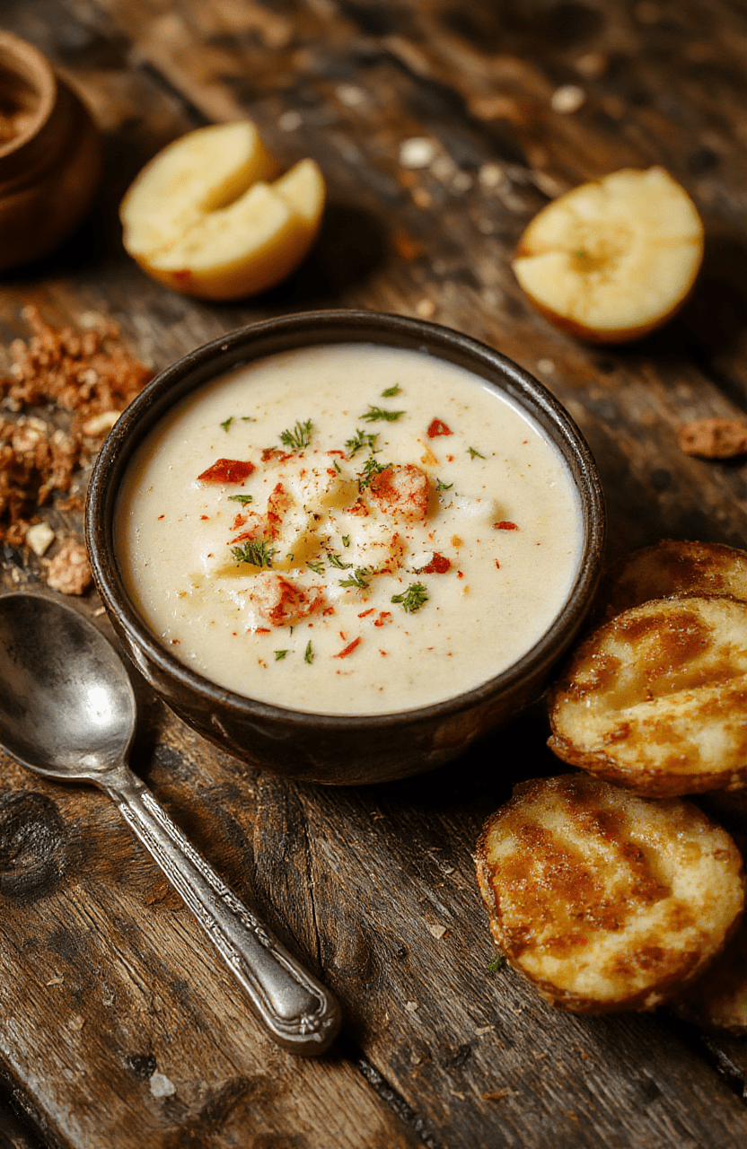 A vibrant bowl of creamy potato soup topped with fresh herbs and a swirl of cream, served on a rustic wooden table with a spoon nestled beside it, capturing textures of smooth soup and crispy toppings, styled in a warm, inviting setting.