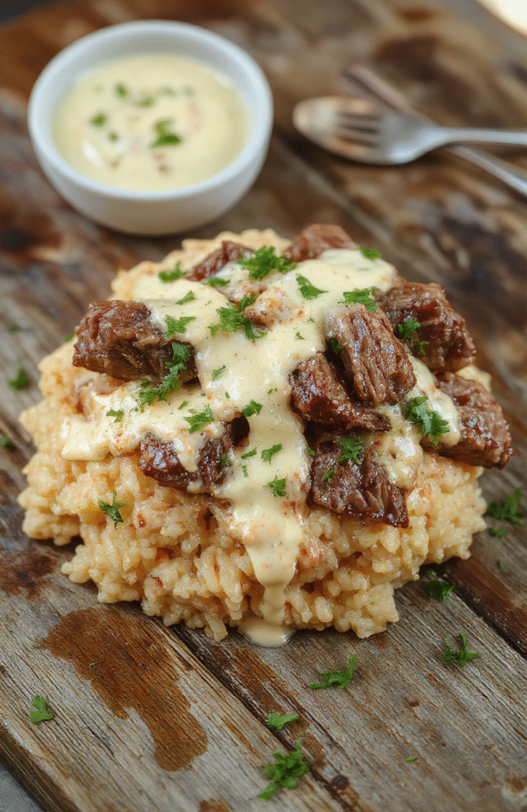 A vibrant plate showcasing fluffy creamy queso rice topped with tender juicy steak strips, garnished with chopped cilantro and a squeeze of lime for color and freshness, styled on a rustic wooden table with natural lighting emphasizing the textures and rich colors of the dish.
