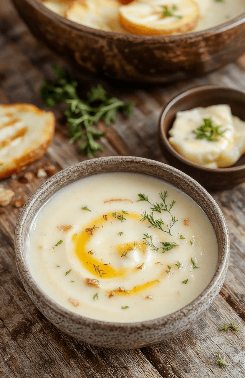 A rustic white bowl filled with creamy roasted garlic potato soup topped with freshly chopped parsley and a drizzle of olive oil. The soup has a velvety texture and golden roasted garlic bits scattered on top, surrounded by roasted potato pieces. The background is a wooden table with natural daylight highlighting the warm, inviting colors of the soup.