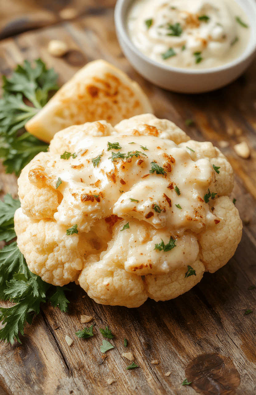 A vibrant plate featuring creamy cauliflower florets coated in a smooth, buttery vegan sauce, garnished with fresh herbs, served on a neutral ceramic plate with a soft rustic wooden background, textures highlight the tender cauliflower and rich sauce, styled with minimal decor to emphasize the dish's lusciousness and comforting appeal.