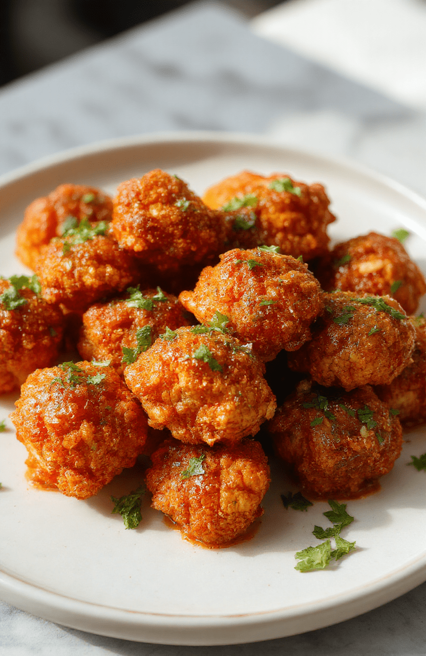 A vibrant plate of crispy buffalo cauliflower bites with a spicy red-orange buffalo sauce drizzle, garnished with fresh parsley, served on a rustic white plate with a wooden background, showcasing crunchy textures and inviting presentation.