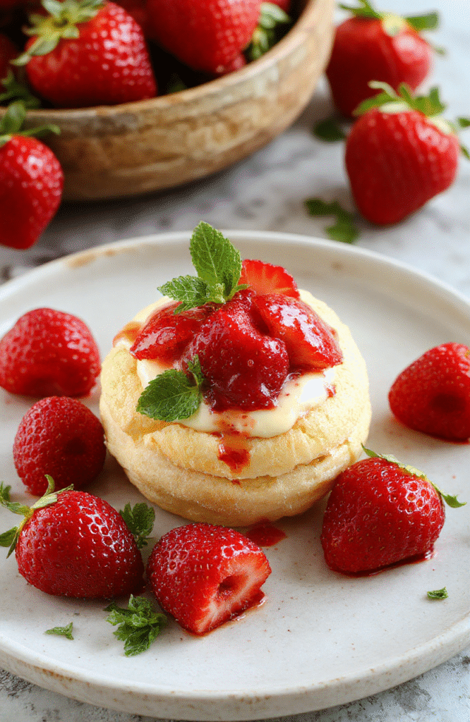 A close-up of golden cream puffs filled with vibrant red strawberry cream, dusted with powdered sugar, arranged on a rustic white plate with fresh strawberries and mint sprigs for garnish. The textured puff pastry contrasts with the smooth, creamy filling and the bright colors create an inviting, appetizing scene.