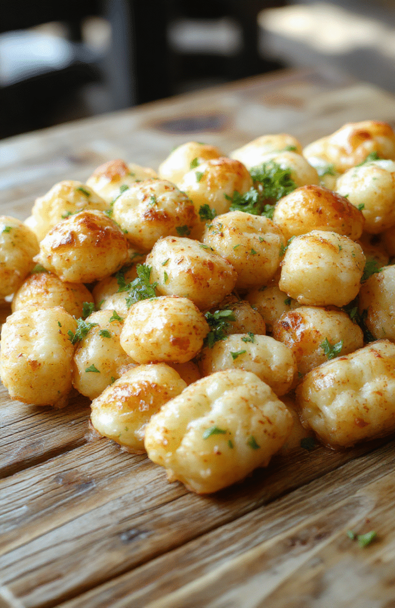 A colorful baked tater tot casserole in a square white dish, topped with golden crispy tater tots and melting cheese, garnished with fresh herbs on a rustic wooden table.