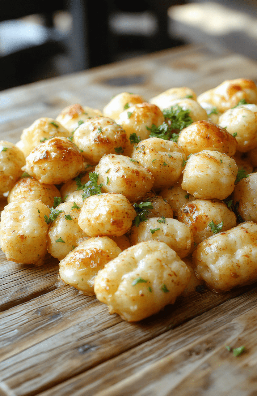 A colorful baked tater tot casserole in a square white dish, topped with golden crispy tater tots and melting cheese, garnished with fresh herbs on a rustic wooden table.