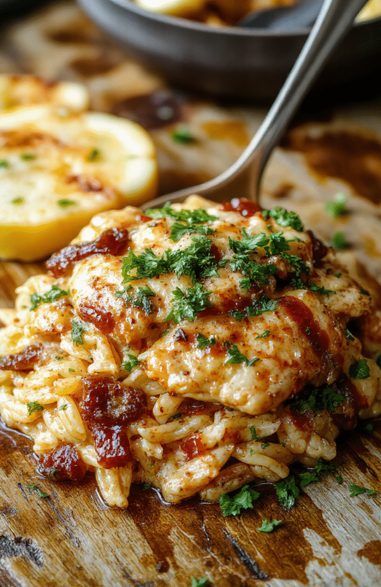 Colorful Cajun chicken orzo in a rustic white bowl, garnished with fresh herbs and sliced peppers, steaming hot with a rich, spicy sauce, styled on a wooden surface with natural daylight highlighting the vibrant ingredients.