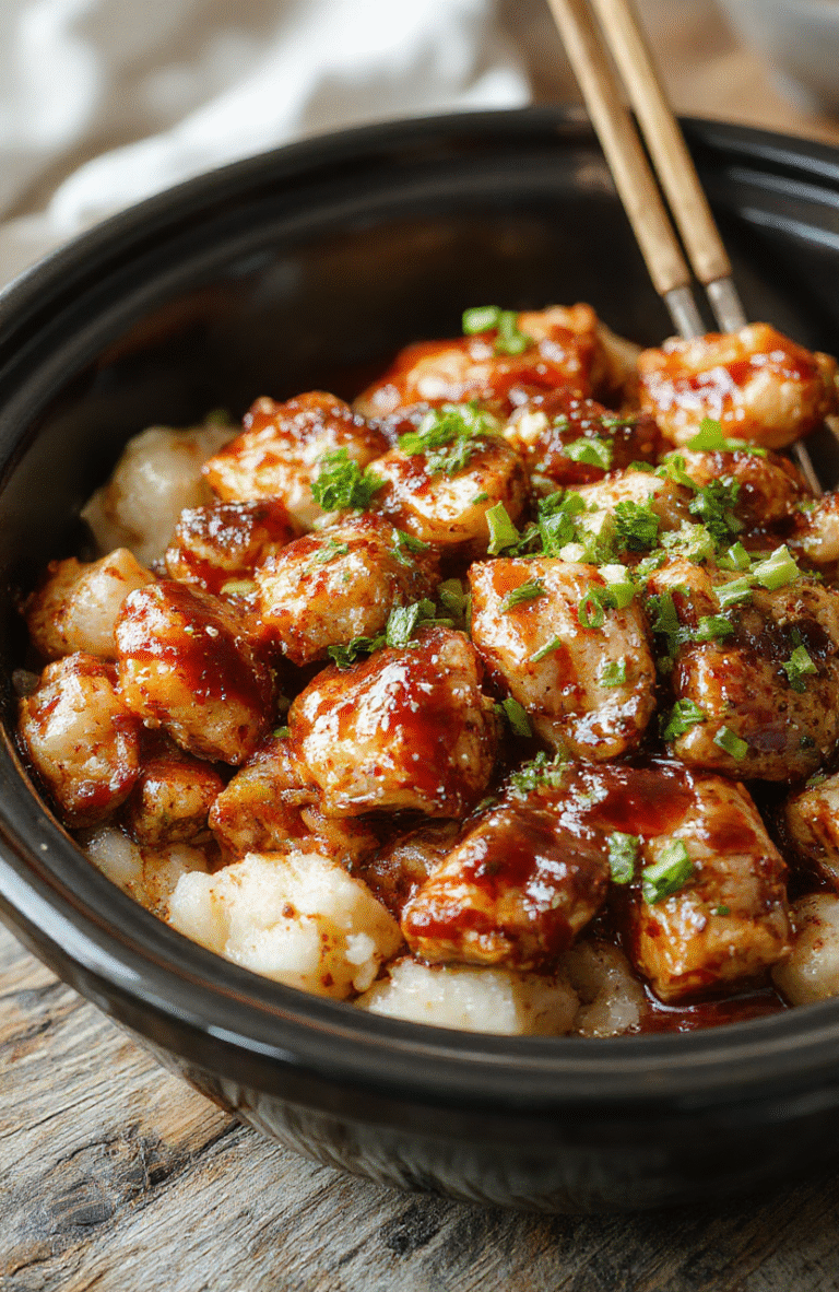 A glossy, caramelized crockpot teriyaki chicken served on a white plate, garnished with sesame seeds and chopped green onions, accompanied by steamed rice and colorful stir-fried vegetables, styled casually on a rustic wooden table, vibrant and appetizing.