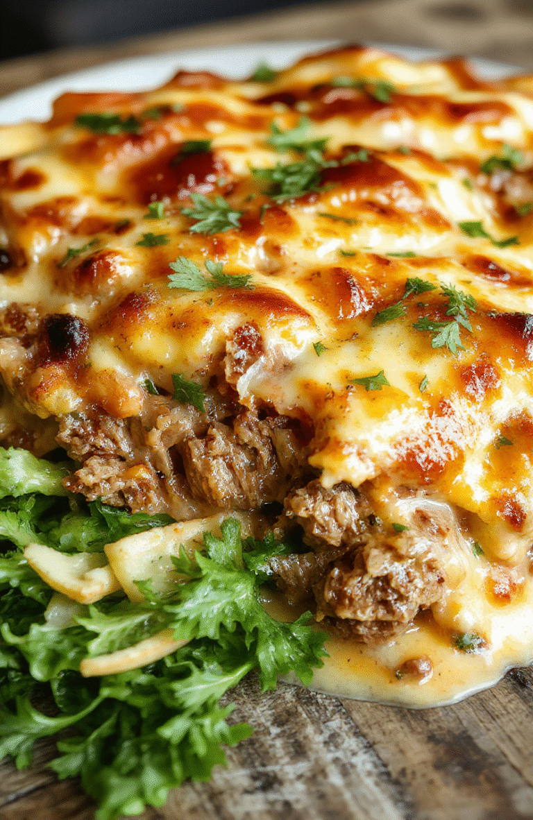 A hearty hobo casserole served on a rustic baking dish with colorful layers of ground beef, potatoes, vegetables, and melted cheese, garnished with fresh herbs, styled on a wooden table