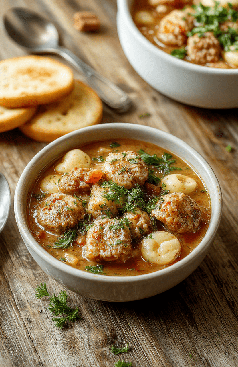 A vibrant bowl of meatball tortellini soup featuring plump meatballs, colorful tortellini pasta, fresh herbs, and a rich tomato broth, styled on a rustic wooden table with a fork and napkin, highlighting the textures and inviting warmth.