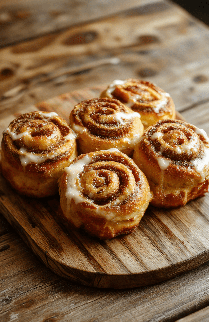 A visually appealing plate of golden pumpkin cinnamon rolls topped with swirls of cinnamon and icing, garnished with a sprinkle of cinnamon on a rustic wooden surface, capturing textures of the soft dough and creamy icing, styled casually with natural light highlighting their warm tones.