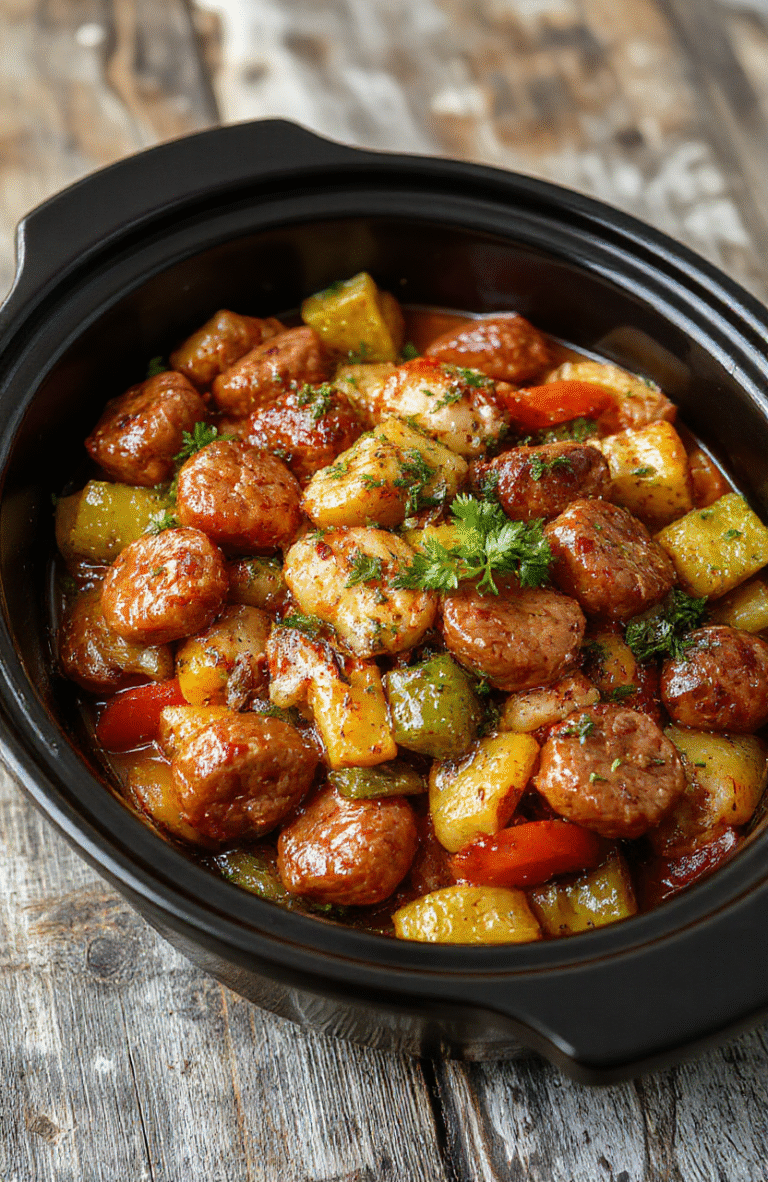 A vibrant plate of sliced sausages nestled among colorful roasted bell peppers and onions, garnished with fresh herbs, served on a rustic wooden table, with a slight sheen from the savory juices, capturing a hearty and inviting meal.