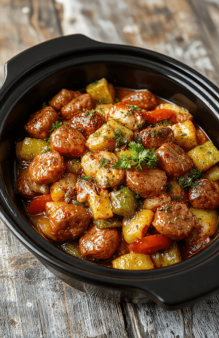 A vibrant plate of sliced sausages nestled among colorful roasted bell peppers and onions, garnished with fresh herbs, served on a rustic wooden table, with a slight sheen from the savory juices, capturing a hearty and inviting meal.