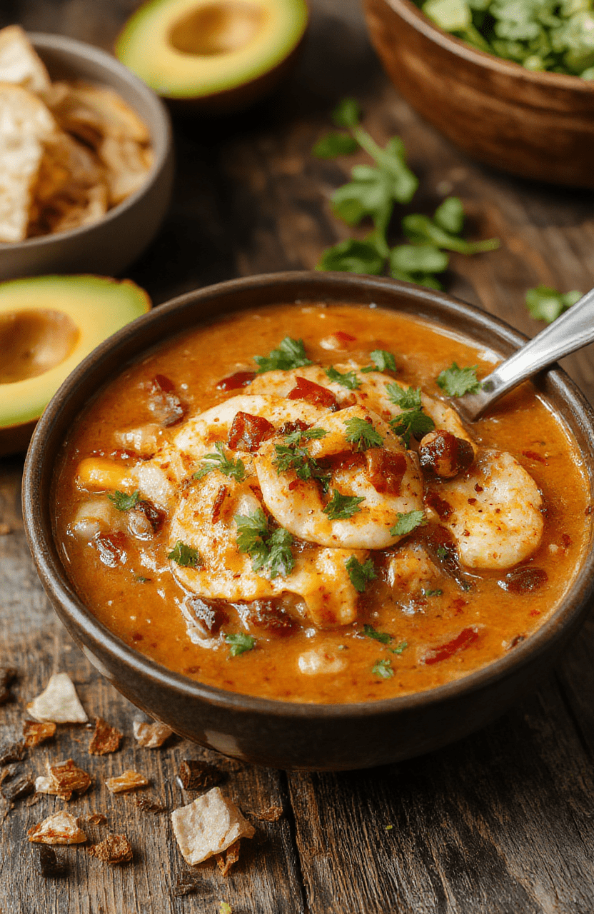 Colorful taco soup served in a rustic bowl, topped with shredded cheese, chopped cilantro, and a dollop of sour cream, arranged on a wooden table with fresh ingredients around, textures of chunky vegetables and tender meat visible, styled casually.
