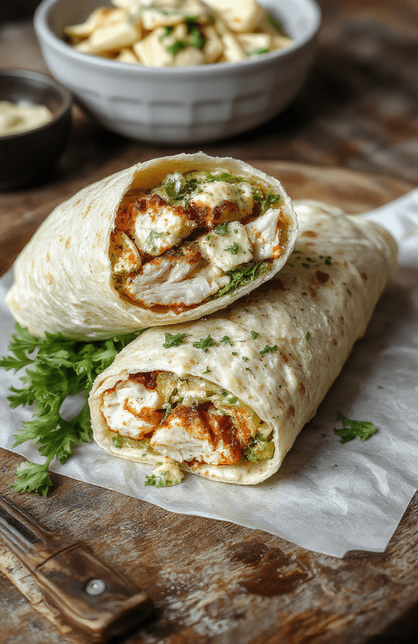 A vibrant chicken Caesar wrap sliced open revealing crisp romaine lettuce, tender grilled chicken, Parmesan cheese, and creamy Caesar dressing neatly wrapped in a soft tortilla, styled on a wooden plate with fresh ingredients around, natural daylight highlighting textures and colors.