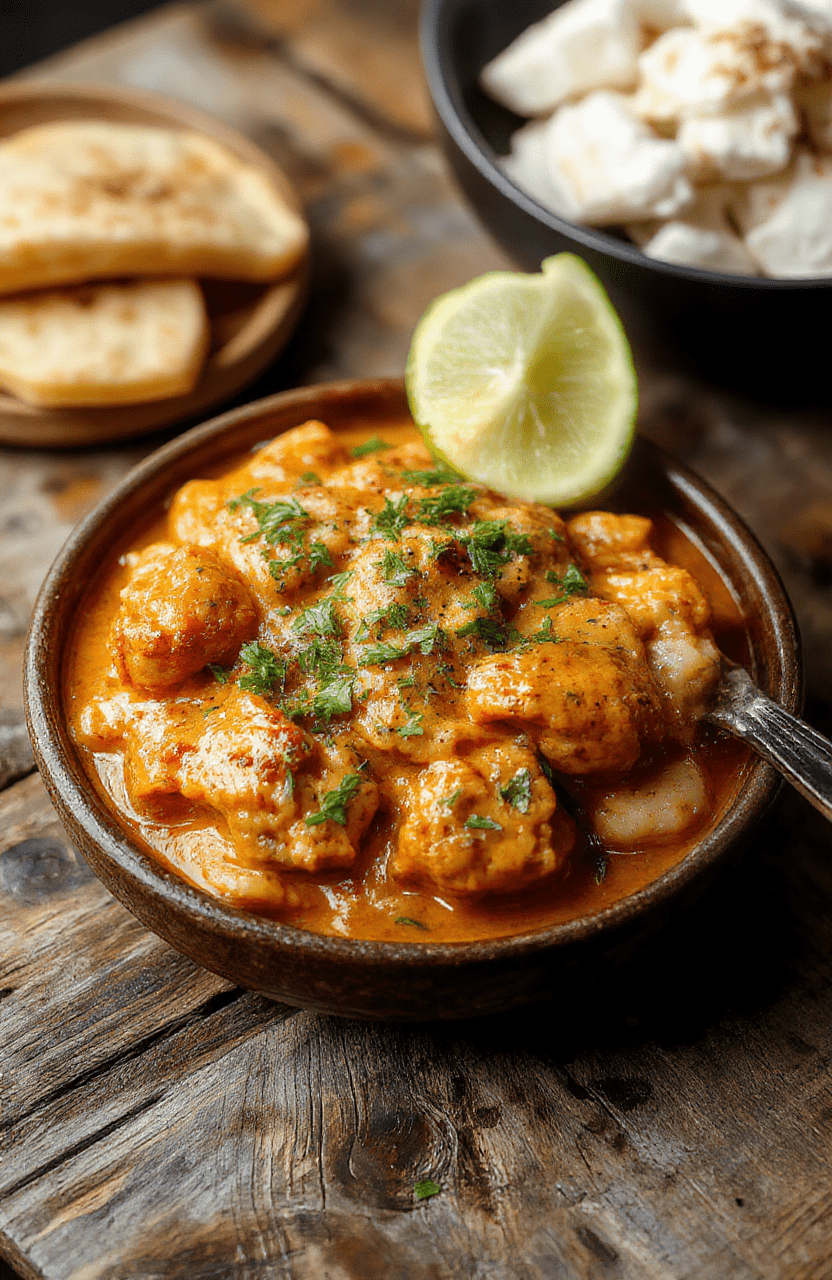 A vibrant plate of Indian butter chicken topped with fresh cilantro, creamy orange sauce, served with fluffy basmati rice on a rustic wooden table, garnished with naan bread and colorful spices.