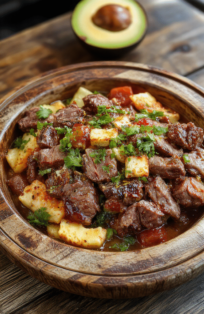 Colorful steak fajita bowl featuring vibrant sliced grilled steak, bell peppers, onions, fresh cilantro, and lime wedges on a rustic wooden plate with a drizzle of sauce, textures showcase juicy meat, crunchy peppers, and tender onions, styled simply for a fresh, appetizing look.