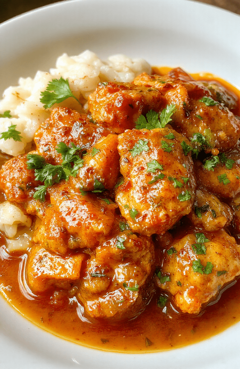 A vibrant plate of homemade butter chicken featuring tender, golden-brown chicken pieces coated in a creamy, rich orange sauce, garnished with fresh cilantro, served alongside steamed rice and colorful vegetables. The dish is beautifully plated on a rustic white ceramic plate, emphasizing the savory textures and inviting colors, styled in a cozy, homey setting with natural light highlighting the glossy sauce.