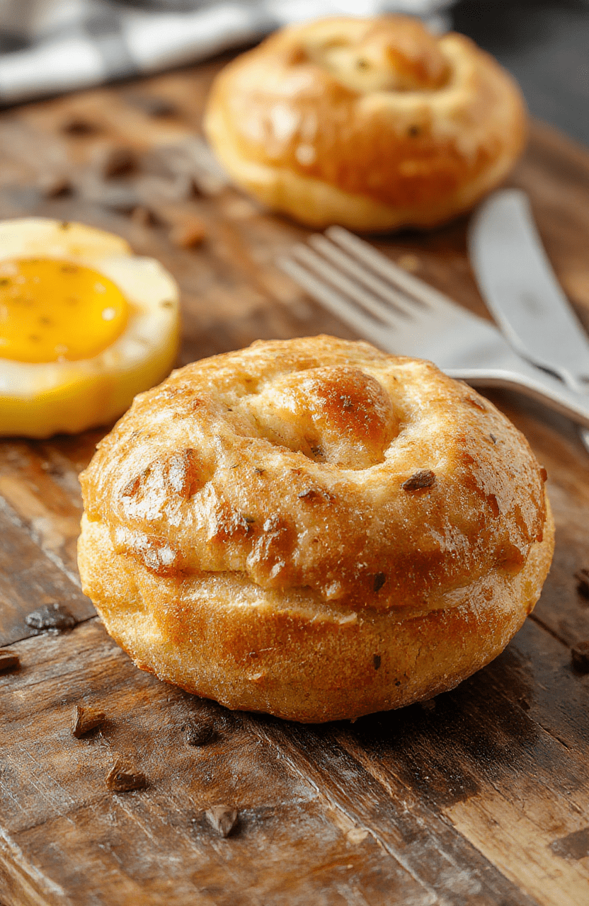 A close-up of fluffy, golden breakfast rolls arranged on a rustic wooden plate, with soft butter melting on top, surrounded by fresh herbs and a cup of coffee, showcasing a light, airy texture, warm colors, and inviting presentation.