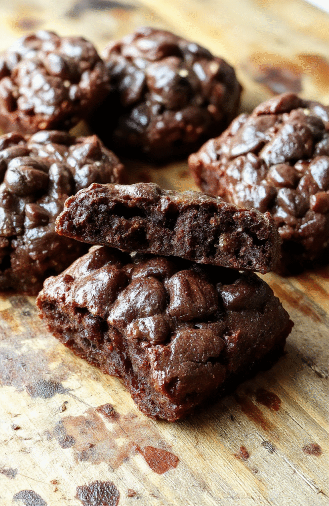 A close-up of fudgy, chewy brookies arranged on a rustic wooden board featuring layers of chocolatey brownie and cookie dough, with a slightly cracked glossy top, golden edges, and a soft, gooey interior visible. The scene is styled simply with natural daylight, emphasizing the rich, dark brown hues of the dessert, resembling an inviting homemade treat.
