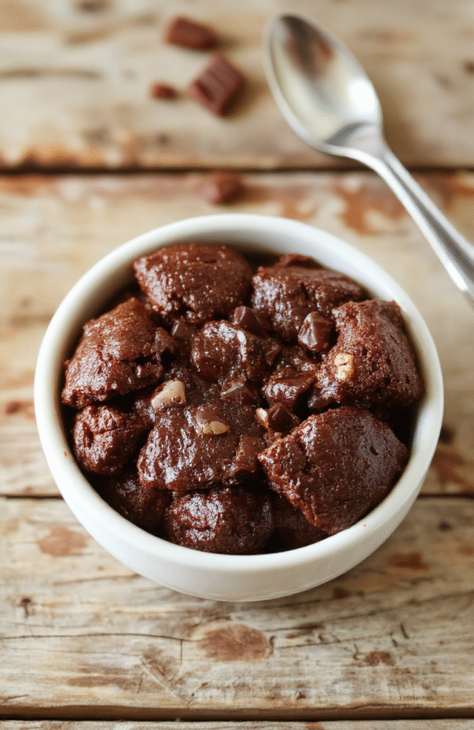 A rich, fudgy brownie square with a glossy cracked top, served on a rustic wooden plate, with crumbs scattered nearby, showcasing its moist texture and deep chocolate color, styled simply with a fork, natural light highlighting the dense crumb and shiny surface.