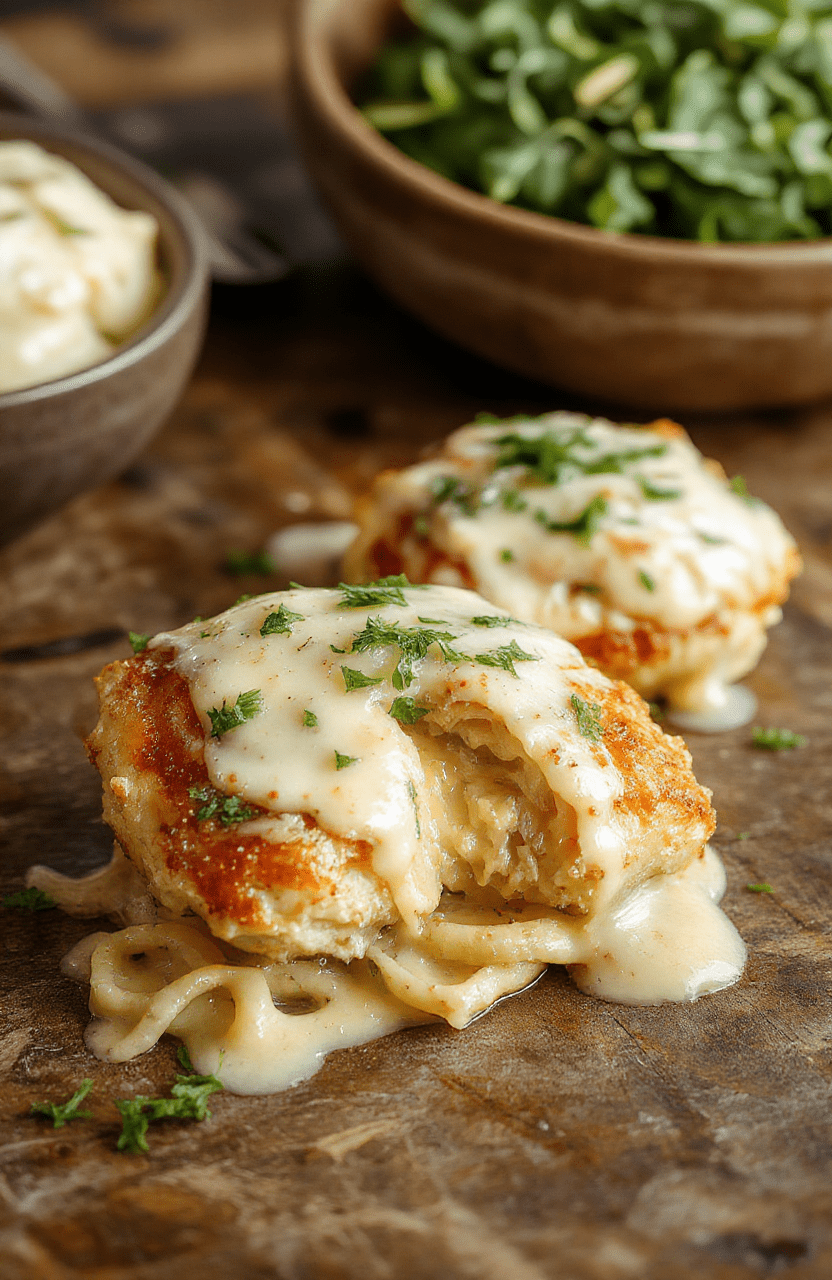 Golden crispy chicken bites coated in garlic butter sitting beside a creamy parmesan pasta on a rustic wooden table, garnished with fresh herbs and parmesan shavings, vibrant colors, appealing textures, styled casually for a homestyle food photo.