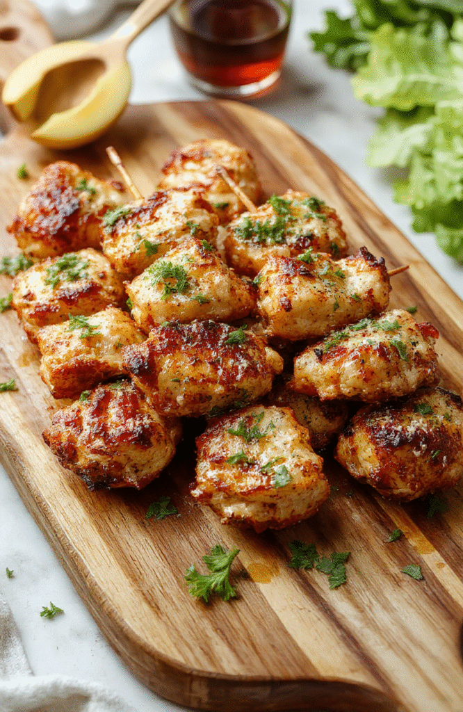 Colorful chicken skewers glazed with garlic Parmesan sauce, garnished with fresh herbs, served on a rustic wooden platter, with a backdrop of vibrant vegetables and a hint of olive oil.