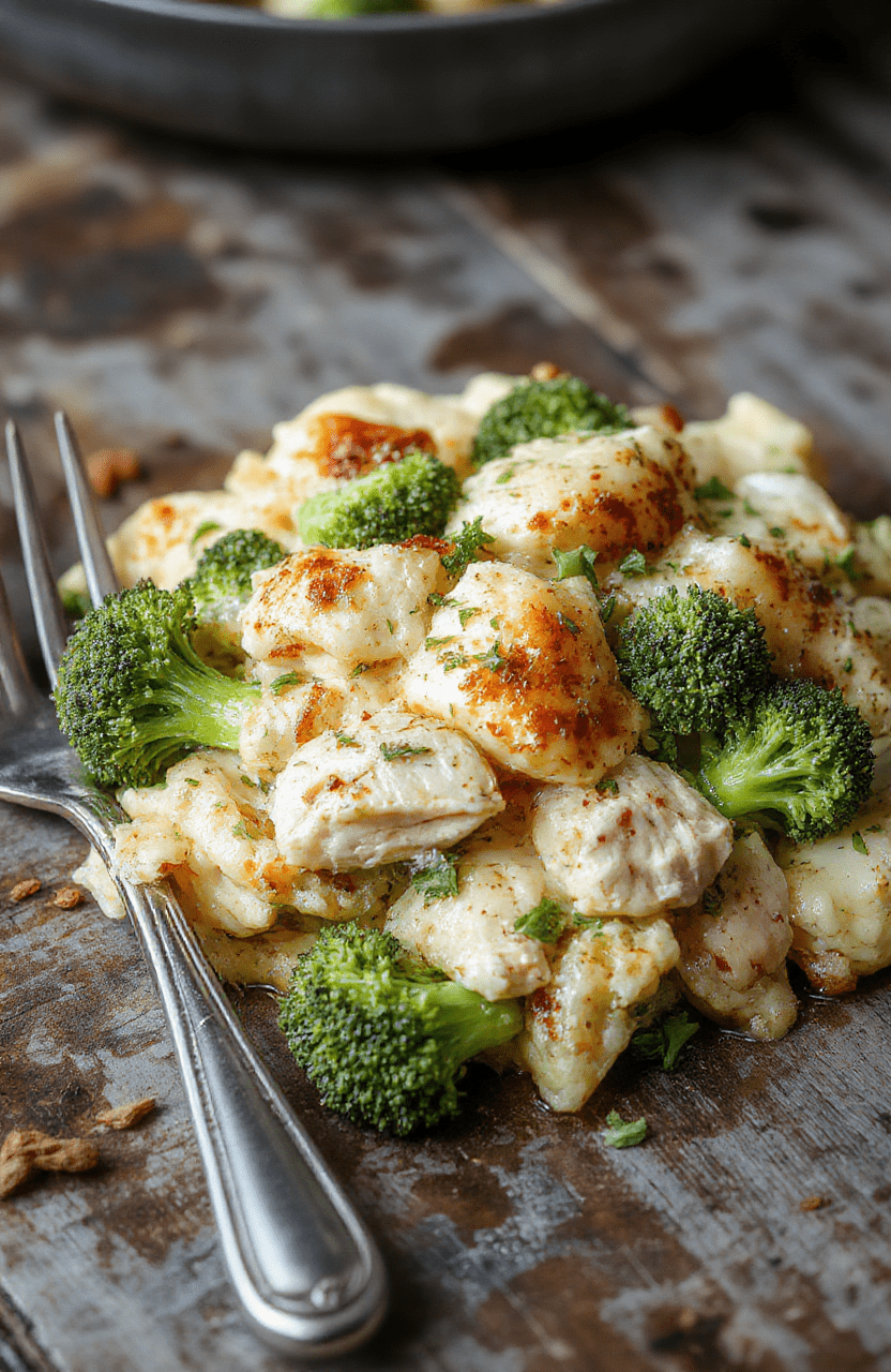 A colorful baked casserole dish featuring vibrant green broccoli florets, golden-brown melted cheese on top, and tender chunks of chicken arranged beautifully on a white ceramic plate.