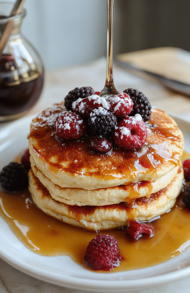 A stack of fluffy, golden-brown pancakes topped with fresh berries and a drizzle of maple syrup, served on a rustic white plate with a fork beside, styled with a light dusting of powdered sugar, vibrant colors and textures highlighting the moist pancakes and fresh toppings.