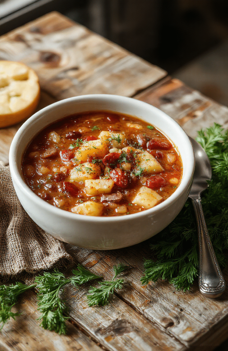 A warm bowl of hearty lentil and potato soup garnished with fresh herbs, sitting on a rustic wooden table with a spoon beside it, steam rising, with slices of crusty bread in the background, colorful carrots and celery visible in the soup, textured and inviting presentation