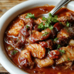A vibrant bowl of cowboy stew featuring chunks of beef, beans, corn, and vegetables in a rich, savory broth, garnished with fresh herbs on a rustic wooden table.