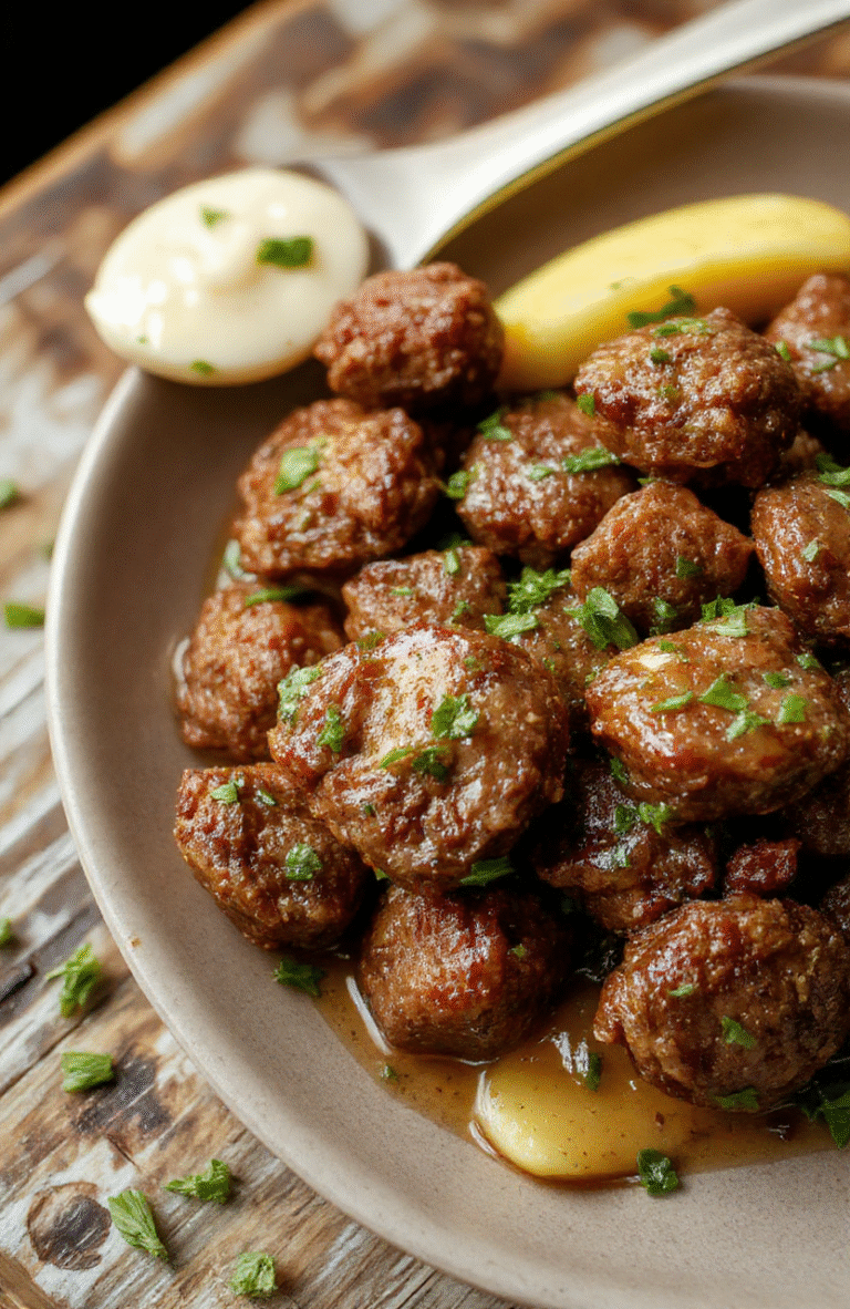 A mouthwatering plate of tender beef bites glazed in rich garlic butter sauce, garnished with fresh herbs, served on a rustic wooden table with a soft background, showcasing the juicy textures and golden-brown edges.