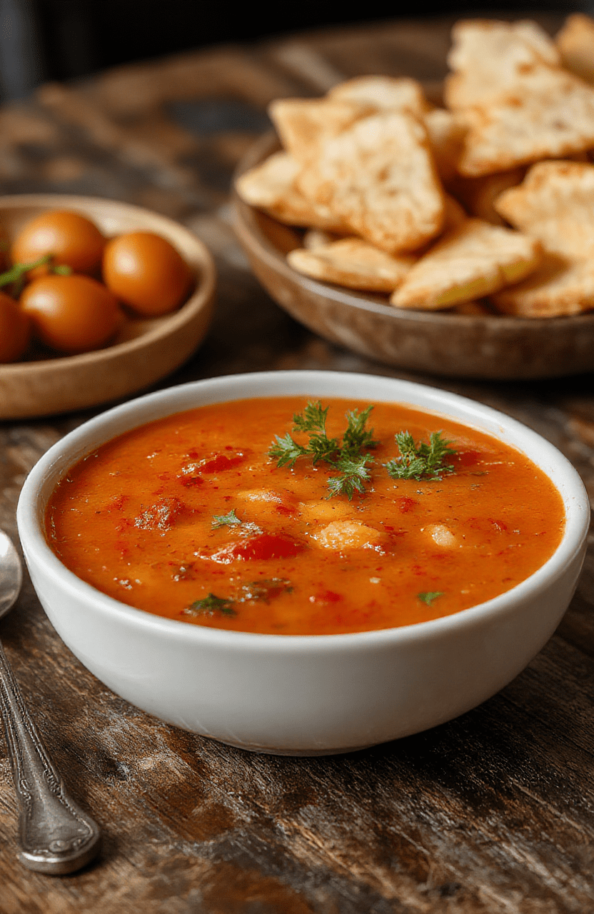 A vibrant red bowl of homemade tomato soup garnished with fresh basil leaves, served on a rustic wooden table with a linen napkin, topped with a swirl of cream, showcasing a smooth and luscious texture, inviting and warm.